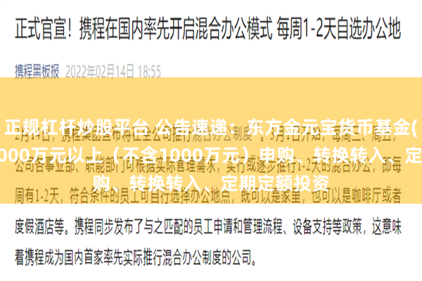 正规杠杆炒股平台 公告速递：东方金元宝货币基金(A类)暂停1000万元以上（不含1000万元）申购、转换转入、定期定额投资